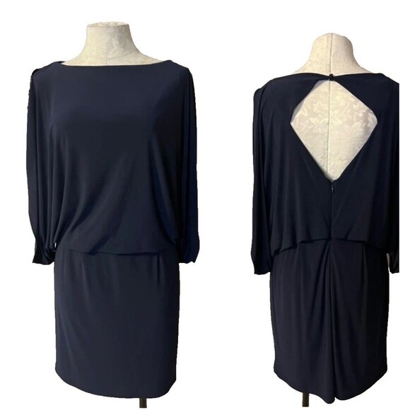 Jessica Simpson Dress 8 Navy Blue Open Back Stretch 3/4 Long Sleeve NWT NEW $98 - Picture 1 of 7